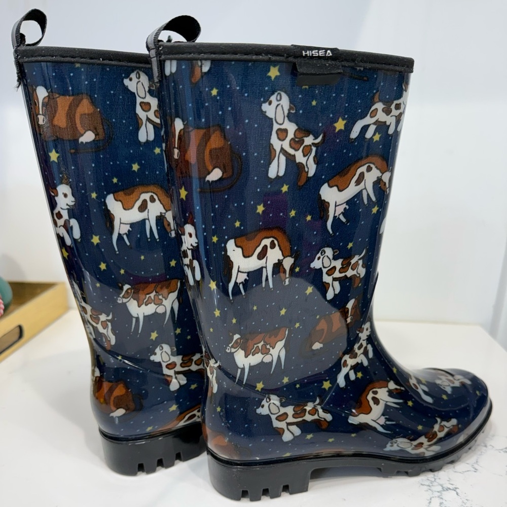 HISEA Navy Cow and Baby Goat Print Women Waterproof Rain Garden Boots